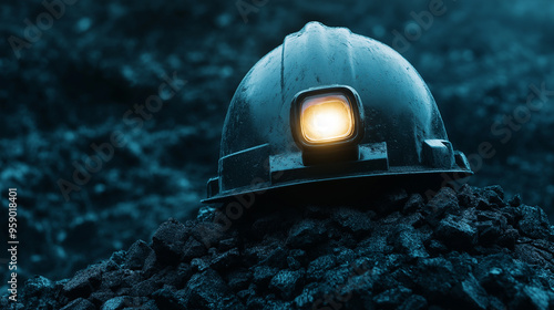 Coal miner’s helmet with a lit headlamp placed on a pile of coal, black dust particles floating in dim light 