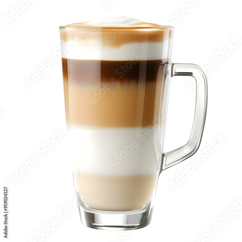 layered latte macchiato in tall clear glass isolated on transparent background Generative Ai.