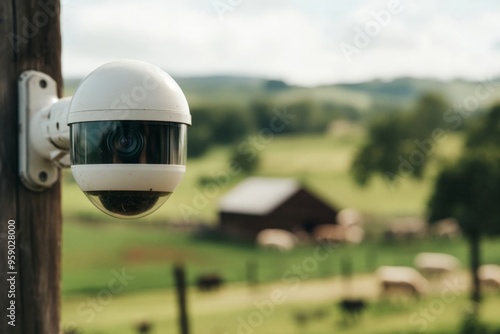 Rural Surveillance: Modern Security Camera Overlooking Peaceful Farm Landscape