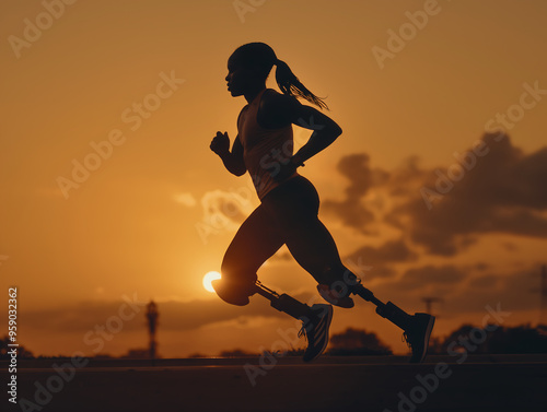 female athlete with prosthetic legs running at sunset, silhouette of strong woman in motion, determination and perseverance, adaptive sports, fitness journey