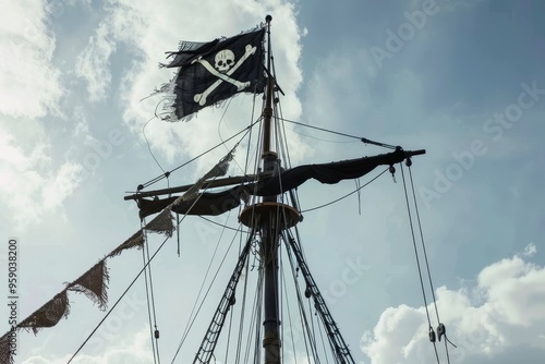 A black pirate flag at the mast of a sailing ship.