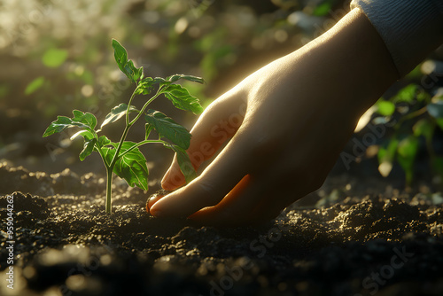 A hand gently caresses a young plant growing in rich soil.