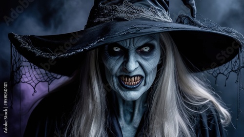 A menacing witch with icy blue skin and sharp fangs gazes fiercely under a dark, smoky background at night