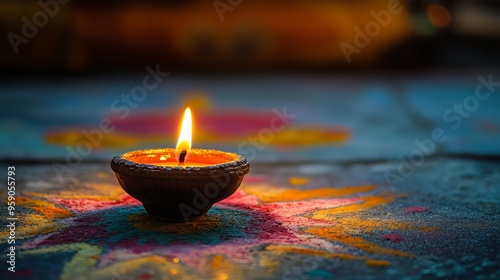 Celebrate the joyous festival of Diwali with this captivating image. An oil lamp, illuminating the darkness, symbolizes the triumph of good over evil. Rangoli patterns, adorned with Diya