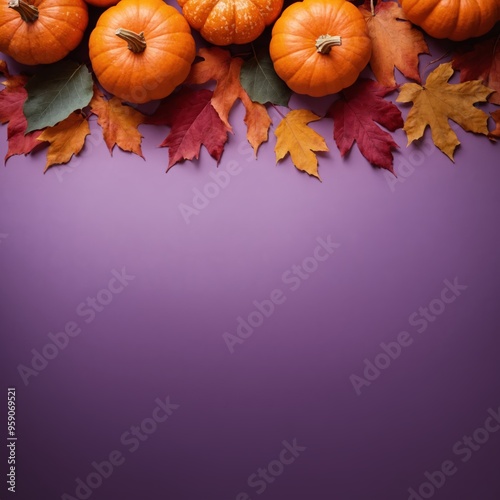 Top border with thanksgiving still life made of pumpkins and dried fall leaves. Top view flat lay square composition with copy space at vivid purple background. Harvest day or Halloween concept.