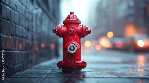 Red fire hydrant on wet city street during rainy night.