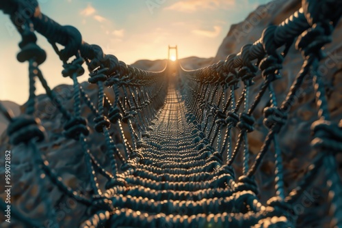 Image of a rope bridge with a cross in the background, suitable for use in a variety of contexts