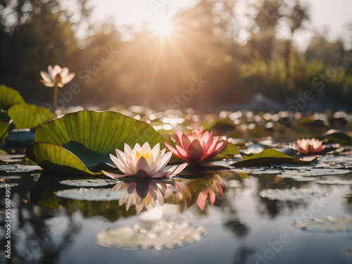 Lotus flower blooming on a tranquil pond. AI generated image, ai.