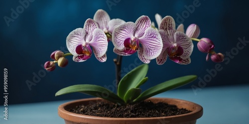 Beautiful rare orchid in pot on blue background.