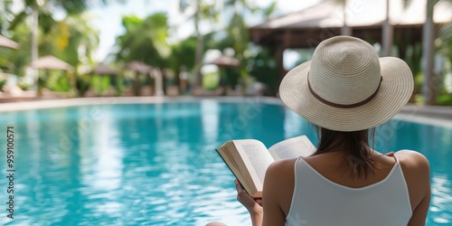 A woman reading a book near the swimming pool in a hotel