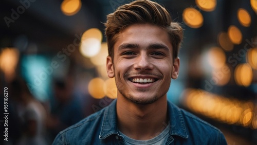 Young man smiling candidly in a bustling outdoor market during the evening with warm lights in the background