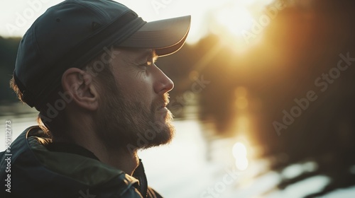 Thoughtful bearded man in a casual cap gazing at the tranquil lake during the beautiful evening sunlight, reflecting on life.