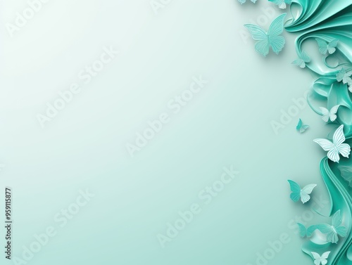 Turquoise plain background with minimalistic pastel butterfly pixel swirl border with copy space texture for display products blank copyspace for design text photo 