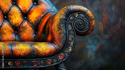  A chair with an orange and black paint backrest and arm