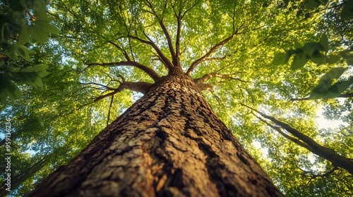 Majestic tall tree viewed from below with sunlight filtering through green canopy, forest perspective, copy space