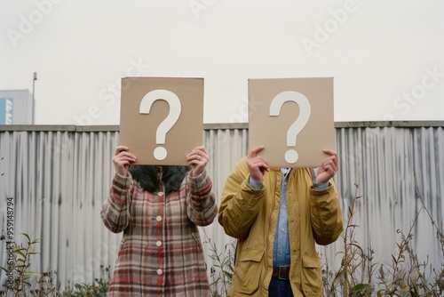 Two individuals standing together, each holding a sign with a question mark, conveying curiosity and inquiry