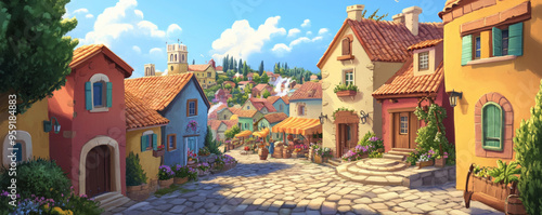 A lively cartoon backdrop of a small village with colorful houses, cobblestone streets, and a market square. The scene is full of life, with villagers going about their day.