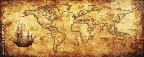 A vintage world map with sepia tones, showcasing old maritime routes and hand-sketched ships. The map is weathered, with torn edges and a patina of age, reminiscent of a timeworn explorer's treasure