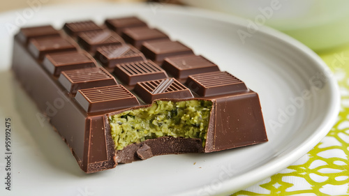 Close up of a dark Dubai chocolate bar with a bite taken from it against a blurred background, the chocolate bar is stuffed with a thick layer of pistachio filling that seeps out the sides.