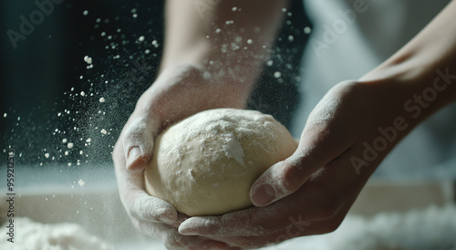 Uma imagem em close-up mostra mãos amassando uma bola de massa com farinha voando ao redor, fornecendo uma representação dinâmica do processo de cozimento em um ambiente de padaria