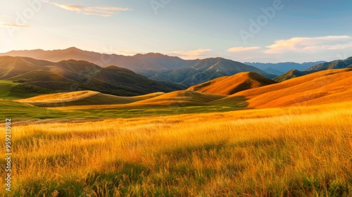 rolling hills covered in golden grass, gently lit by the warm glow of the setting sun, creating a peaceful and idyllic landscape, with clear copy space for text