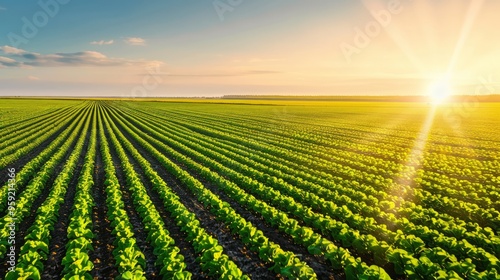 golden field with rows of crops, glowing in the light of the setting sun, creating a peaceful and abundant agricultural scene, with plenty of copy space for text