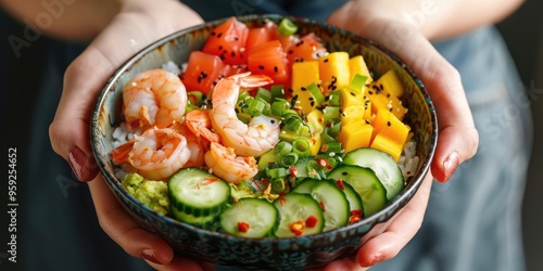 Woman holding a poke bowl with shrimps rice avocado cucumber and mango Hawaiian ahi dish a top view