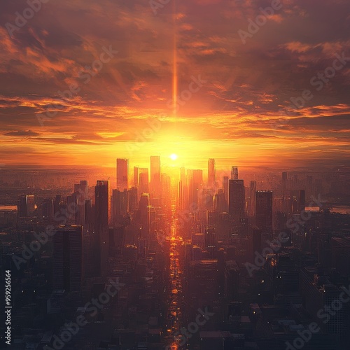 8. Bright sunrise over a cityscape, representing the dawn of a new era