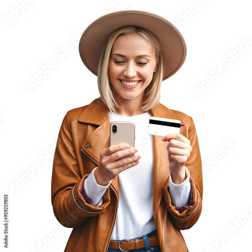 Smiling Woman Holding Credit Card and Smartphone for Online Shopping, Isolated on Transparent Background