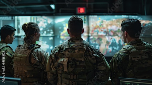 A group of military personnel observing data on large screens in a command center.