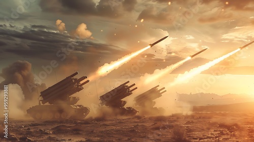 A dramatic scene of multiple missile launchers firing projectiles against a backdrop of a sunset sky.