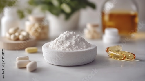 Different types of dietary supplements forhealth and beauty collagen vitamins biotin protein in pills and powder form : Generative AI