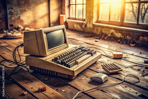 nostalgic melancholic blurry warm toned photograph of an old vintage computer with worn keyboard and faulty wires amidst scattered papers