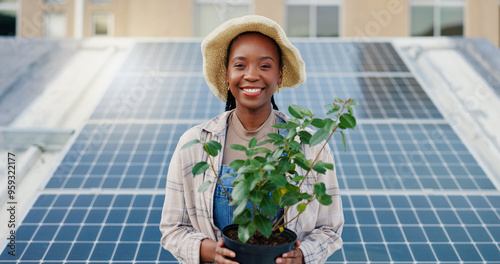 Black woman, farmer and plant with solar panel for eco friendly, sustainable future and infrastructure in city. Portrait, ecology and female person with renewable energy for natural growth in Nigeria