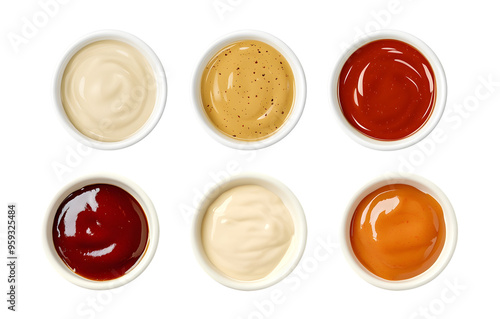 Six different dipping sauces in small white bowls, top view, isolated cutout on transparent background