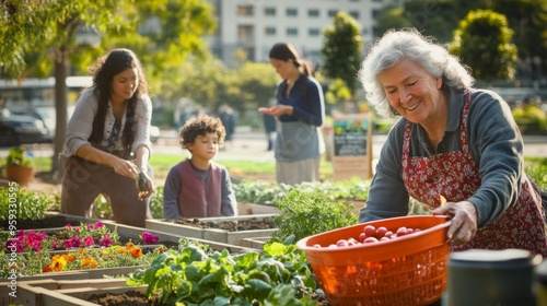 A group of people, including a joyful elderly woman, engage in community gardening, harvesting vegetables and flowers together in an urban garden, promoting teamwork and sustainability.