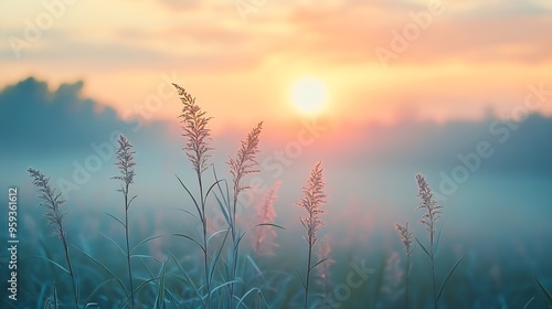 Beautiful foggy sunrise in English countryside with soft pastel sky and calm feeling : Generative AI