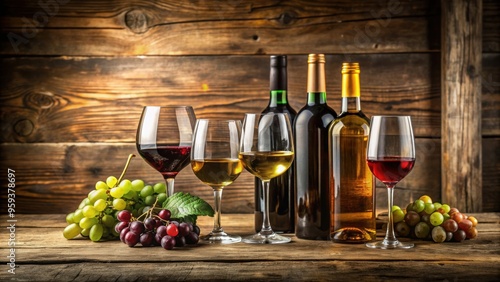 Still life composition of wine bottles and glasses on a rustic wooden table, wine, glasses, still life, composition, rustic