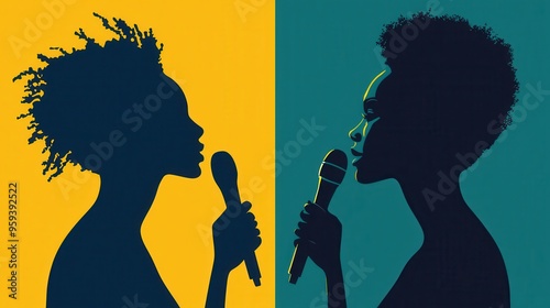 Two Silhouettes of Women Singing into Microphones on a Yellow and Teal Background