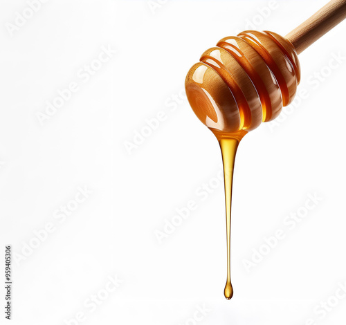 honey dripping from wooden spoon isolated on white background 