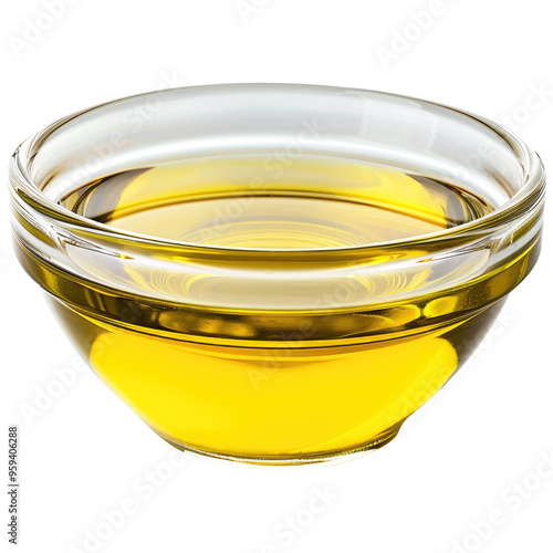 Extra virgin olive oil in glass bowl isolated on transparent white background, clipping path