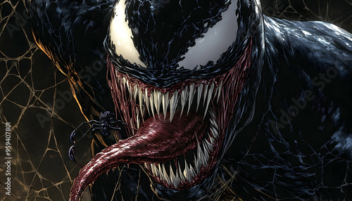 Close-up shot of Venom's face, showing his sharp teeth and protruding tongue.