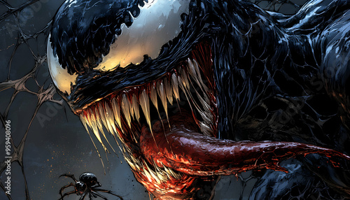 Close-up of Venom's menacing grin with sharp teeth and a long, red tongue.