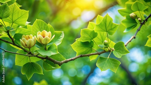 Branch of tuliptree with vibrant green leaves, tuliptree, tulipwood, fiddletree, branch, leaves, nature, forest