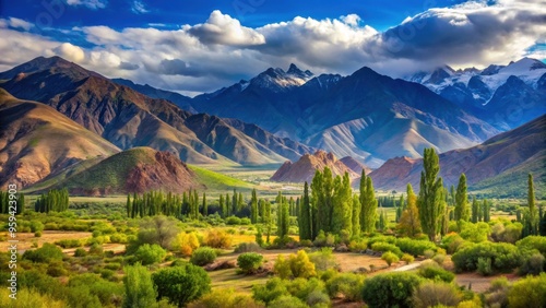 Rural landscape with lush greenery and majestic mountains in northwest Argentina, Argentina, rural