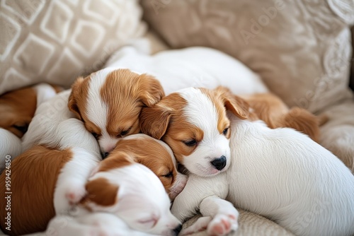 a group of puppies cuddle together on a couch