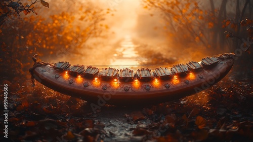 Traditional sitar illuminated warm golden light in a foggy setting