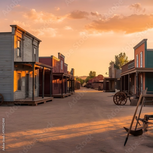 Classic wild west town with vintage buildings, deserted streets, and a warm sunset casting long shadows, creating a timeless scene reminiscent of historic American frontier settlements photo.