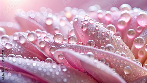 Dewdrops glisten on soft pink petals creating a delicate and beautiful image