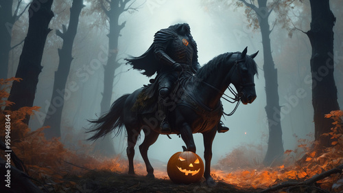 Deep within a dark, fog-filled forest, the headless horseman pauses atop his fearsome steed, holding a grinning jack-o'-lantern high above his shoulders. The forest is dense with twisted trees 